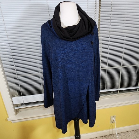 Ali Miles Tops - Ali Miles Large $89 Blue Black‎ Heather Cowl Neck Button Shoulder Tunic Wrap Top